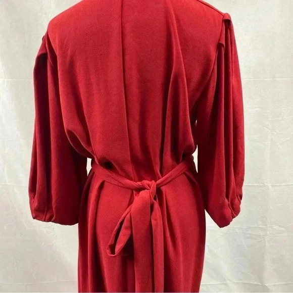 ZARA Midi Dress Ballon Sleeve Maroon W/ Buttons On Shoulder Ties Small - Picture 6 of 8